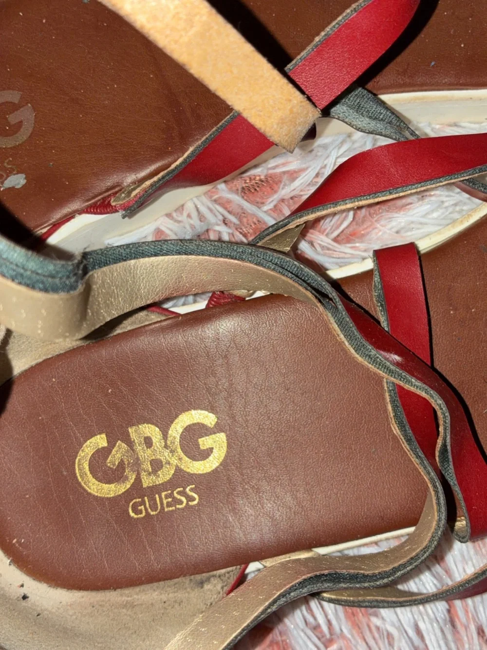 Guess Women’s Burgundy Strappy Sandals with Gold Trim